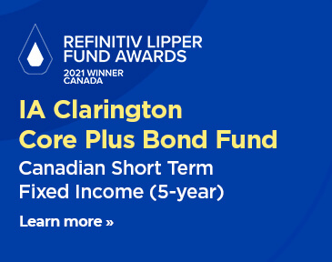 The IA Clarington Core Plus Bond Fund has won the 2021 Refinitiv Lipper Fund Award for Canadian Short Term Fixed Income (5-year).